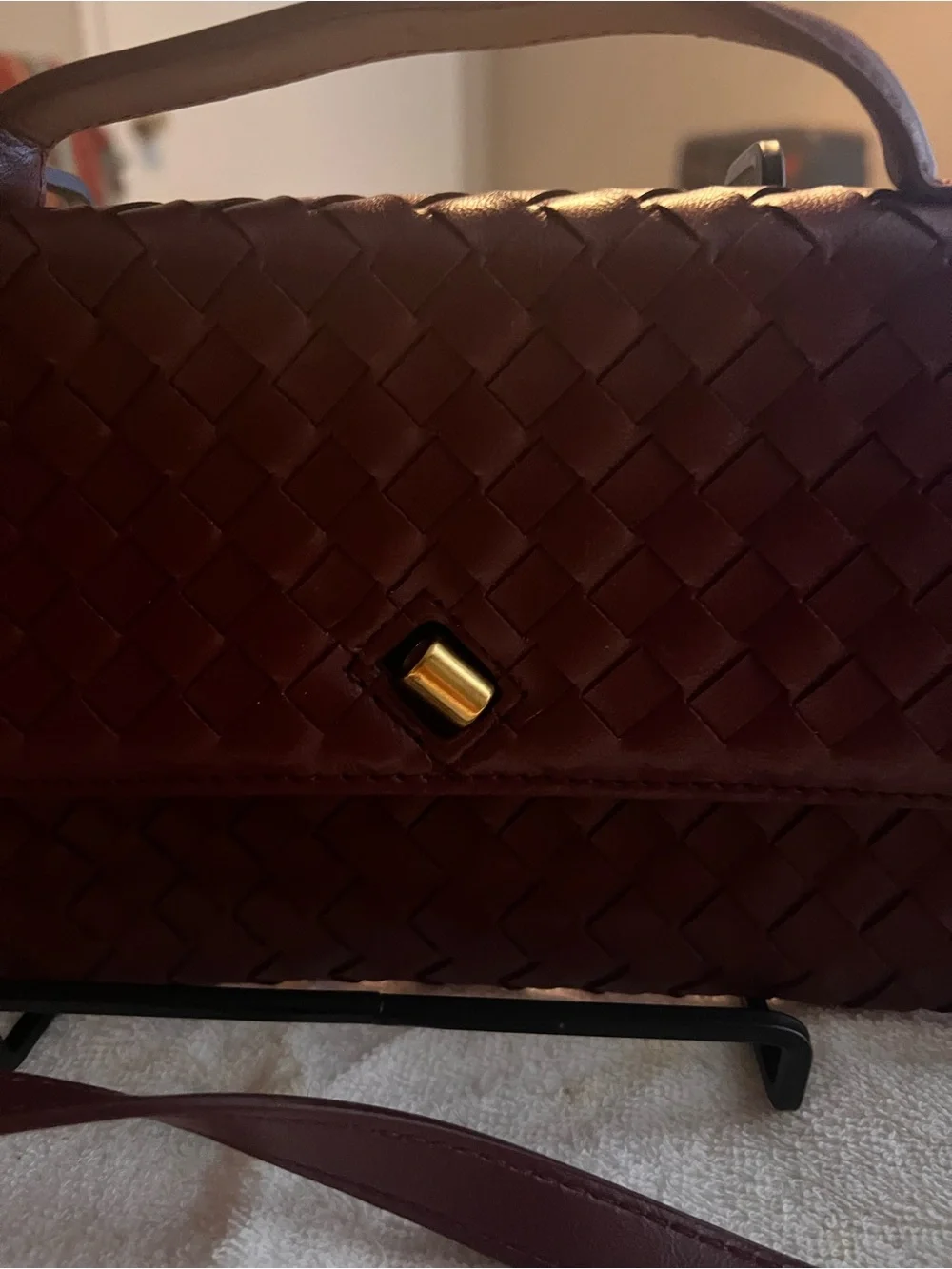 Woven Leather Top-Handle Crossbody Bag in Deep Burgundy